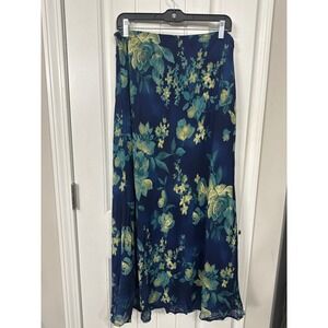Y2K 90s Francesca Rose Navy Blue Floral Maxi Skirt Womens Large Yellow Teal Boho